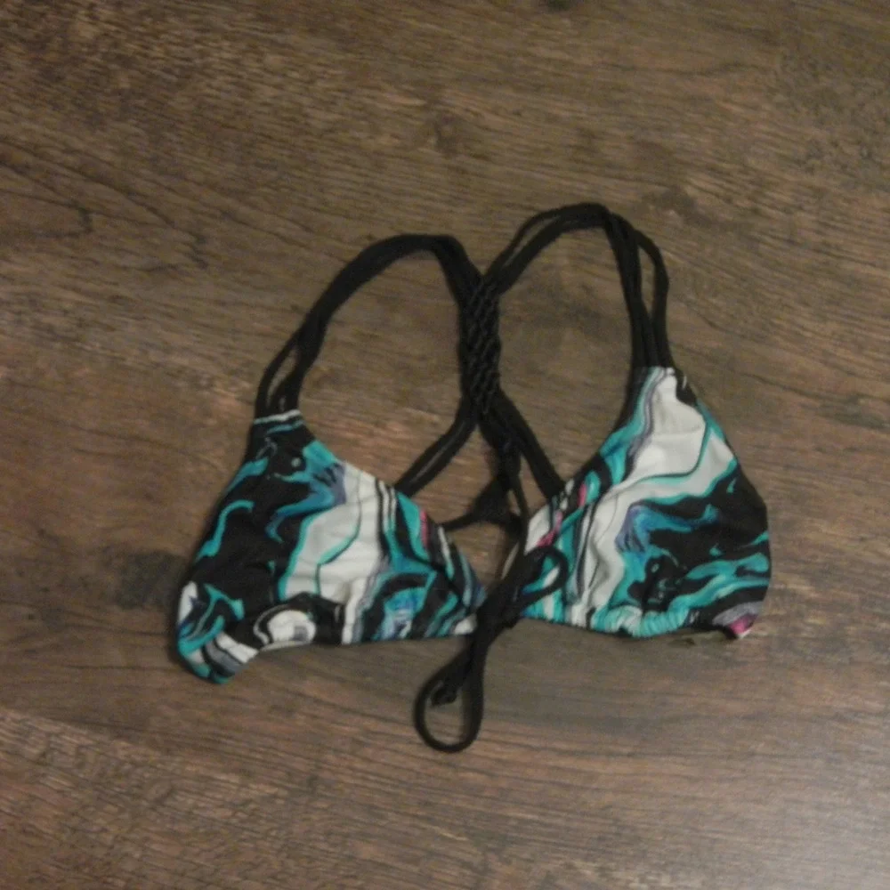 PINK Triangle Bikini Top Braided Straps Blue Marble Print Swimwear - Picture 2 of 5